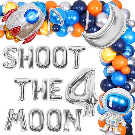 Shoot 4 The Stars Birthday, Four Year Old Space Birthday, Birthday Party 4 Boy, Space Fourth Birthday Party, Shoot 4 The Moon Birthday, Happy 4 Birthday Boys Year Old Theme, Birthday Theme For 4 Year Boy, 4year Birthday Party Ideas For Boys, Space 4th Birthday Party