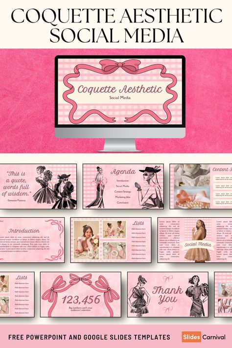 Bring a touch of vintage charm to your social media content with our Coquette Aesthetic Social Media Slides. Crafted for everyone, this classic and pink-themed slideshow template is perfect for influencers, small business owners, and content creators looking to captivate their audience. Use it to showcase your latest updates, new products, or engaging stories with style and elegance. Cute Slideshow Templates, Pink Canva Template, Presentation Introduction Ideas, Pink Google Slides Template, Coquette Ppt Template, Preppy Slideshow, Coquette Powerpoint Template, Business Theme Ideas, Slideshow Ideas Google Slides