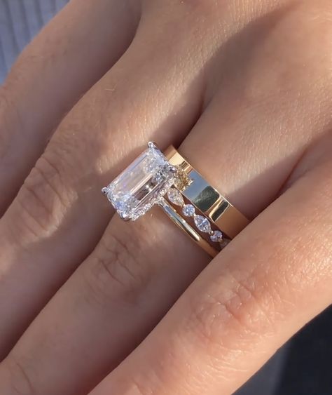 Band With Emerald Cut Engagement Ring, Radiant Engagement Ring With Band Stack, Radiant Engagement Ring With Thick Band, Emerald Solitaire With Wedding Band, Wedding Band Stack Ideas Emerald Cut, Emerald Wedding Stack, Radiant Cut Engagement Ring Stack, Emerald Wedding Ring Stack, Radiant Ring Stack