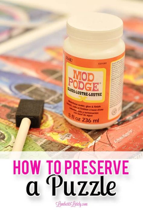 This tutorial on how to preserve a puzzles uses a simple glue-type formula (Mod Podge) to stick the puzzle pieces together permanently. Great to use for hanging/framing a puzzle! Puzzle Modge Podge, How To Seal A Puzzle, Glueing A Puzzle Together, How To Save A Puzzle, How To Preserve A Puzzle, Glue Puzzle Together Diy, How To Glue A Puzzle Together, Puzzle Saver Diy, Finished Puzzle Ideas