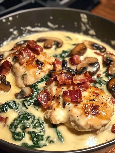 Smothered Chicken with Creamed Spinach, Bacon, and Mushrooms Smothered Chicken With Creamed Spinach, Chicken With Creamed Spinach, Chicken Spinach Mushroom, Mini Crockpot Recipes, Chicken With Spinach, Creamed Spinach Recipe, Smothered Chicken, Bacon Stuffed Mushrooms, Chicken And Spinach