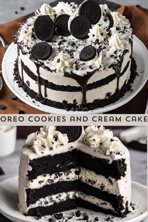 Experience pure indulgence with our Oreo Cookies and Cream Cake! Layers of moist chocolate cake filled with a velvety cookies and cream filling, topped with a decadent Oreo-infused frosting. A heavenly delight for all the cookie lovers out there! 🍫🍰 #OreoCake #CookiesandCream #myskinnyrecipes Cookies And Cream Cake Using Box Cake, Small Oreo Cake Recipe, Cookies And Cream Cake Filling Recipe, Oreo Cream Filling For Cake, Cookies And Cream Layer Cake, Oreo Filling Frosting, Cookies And Crème Cake, Oreo Cream Cake, Black Oreo Cake