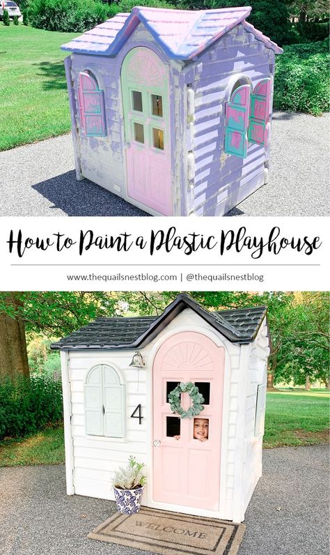 Refinishing Plastic Playhouse, Outside Playhouse Makeover, Repainting Plastic Playhouse, Refurbished Plastic Playhouse, Repaint Outdoor Playhouse, How To Paint A Playhouse, Diy Paint Playhouse, Diy Painted Playhouse, Spray Paint Plastic Playhouse