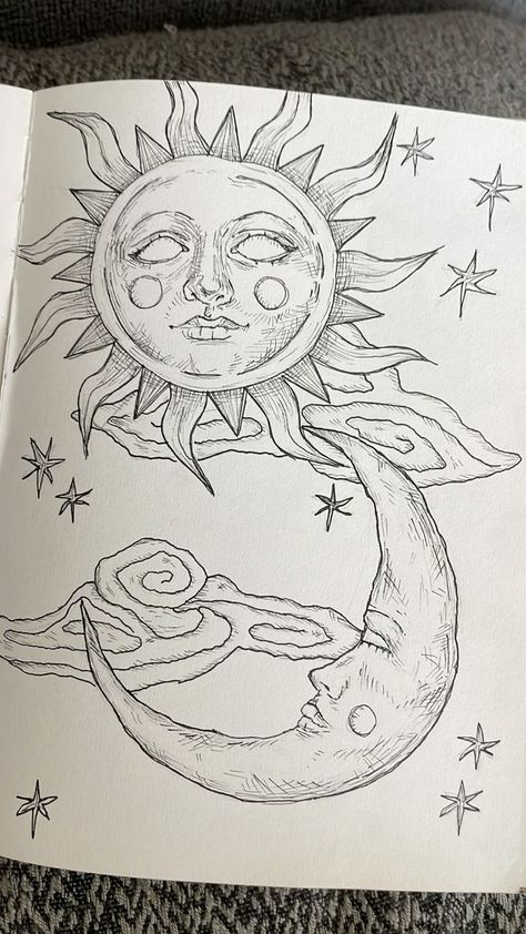 Moon Art Pencil, Drawing Ideas Moon And Stars, Weird Moon Drawing, Easy Beginner Drawing Ideas, Moon And Sun Sketch, Classic Drawing Sketch, God Drawing Sketch, Sun And Moon Drawing Paintings, How To Draw The Moon