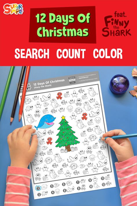 Finny The Shark, Christmas Worksheet, Shark Christmas, Shark Craft, The 12 Days Of Christmas, Christmas Worksheets, Simple Character, Twelve Days Of Christmas, Games For Toddlers