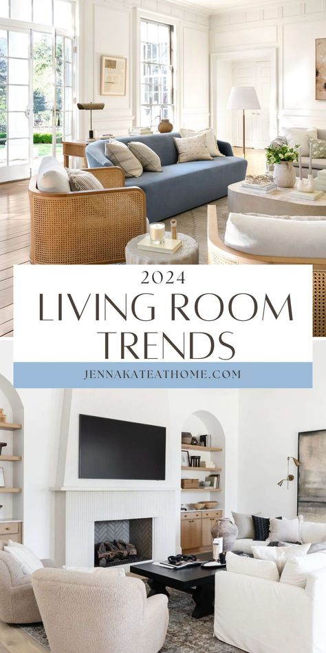 Stunning living room decorating trends for 2024. Trends include organic modern touches, coastal living room style, transitional living rooms and designer inspiration. Family Room Navy Sofa, Leather And Fabric Couch Living Room, Family Room With Blue Accents, Living Room With Chairs Only Furniture, Two Facing Sofas Living Room, Sofa With 4 Chairs Layout, Mix Matched Sofas In Living Room, Living Room Sets Furniture Open Concept, Traditional Home Family Room