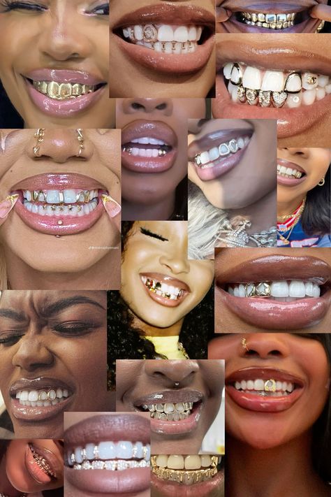 Aesthetic Teeth Gems, Gap Grillz Black Women, Golds On Black Women Teeth, Grillz Inspo Women, Grillz Bottom Teeth, Feminine Grill, Grills On Black Women, Women’s Grills, Bottom Grills For Black Women