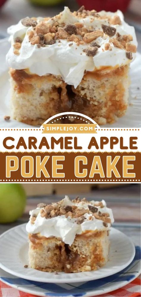 Caramel Apple Poke Cake, fall, apple recipes, thanksgiving desserts, sweet treats Caramel Apple Poke Cake, Apple Poke Cake, Fall Dessert Recipes Easy, Fun Thanksgiving Desserts, Apple Recipe, Fall Baking Recipes, Thanksgiving Cakes, Caramel Desserts, Apple Pie Filling