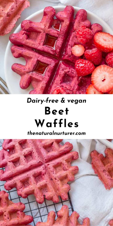 Beet Vegan Waffles on a plate with sliced strawberries. Dairy Free Infant Meals, Beet Pancakes, Infant Food, Natural Nurturer, Toddler Foods, Vegan Waffles, Toddler Breakfast, Homemade Waffles, Beet Recipes