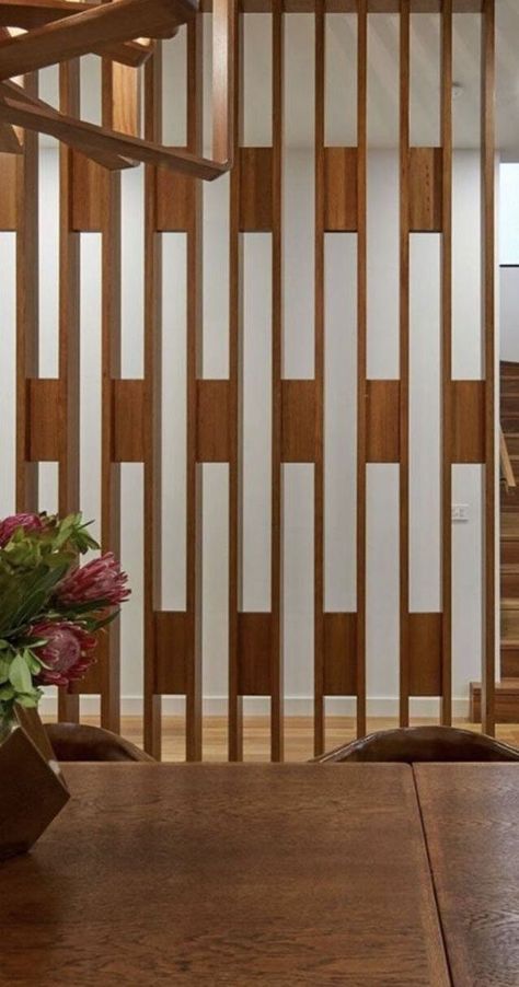 Split Bedrooms For Kids Room Dividers Wood Slat, Wood Partition Wall Room Dividers, Geometric Room Divider, Mid Century Wood Slat Wall, Diy Mid Century Room Divider, Japanese Mid Century Modern Living Room, Wooden Separator Wall Dividers, Built In Room Divider, Wood Partition Modern