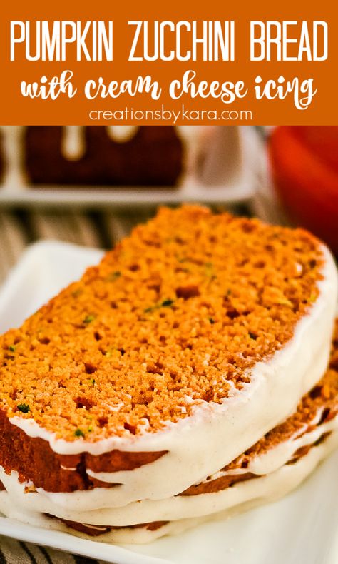 PUMPKIN ZUCCHINI BREAD - filled with warm fall spices, this sweet spiced quick bread is a perfect blend of two flavors. Cinnamon icing makes it extra tasty! #pumpkinzucchinibread #pumpkinbread #zucchinibread #cinnamon -from Creations by Kara Zucchini Cardamom Bread, Zucchini Bread Pumpkin, Pumpkin Zucchini Bread With Cream Cheese Frosting, Pumpkin Zucchini Bundt Cake, Zucchini Bread With Pumpkin, Pumpkin Spice Zucchini Bread, Zucchini And Pumpkin Recipes, Zucchini Pumpkin Recipes, Pumpkin Zucchini Bread Recipes