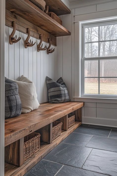 29 Modern Farmhouse Interior Ideas for a Cozy and Stylish Home 8 Farmhouse Chic Laundry Room, Stone Mudroom Floor, Neutral Mudroom, Farmhouse Interior Ideas, Fall Balcony, Modern Farmhouse Mudroom, Modern Farmhouse Interior, Balcony Decorating Ideas, Farmhouse Mudroom