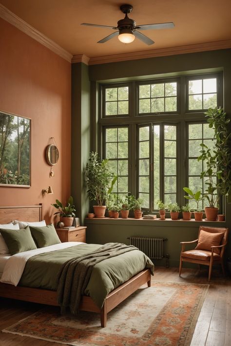 Orange Paint Bedroom, Light Orange Bedroom Walls, Colorful Scandinavian Bedroom, Green Orange Interior Design, Orange Walls Bedroom, Green Terracotta Bedroom, Green Cozy Bedroom, Orange And Green Bedroom, Italian Bedroom Aesthetic