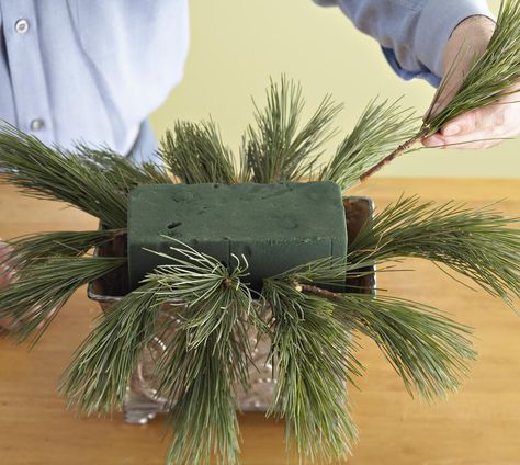 Step 1: Cut foam and add greenery Live Evergreen Centerpieces, Fresh Floral Christmas Centerpieces, Apple Arrangements, Fresh Christmas Centerpieces, Christmas Flower Arrangements Ideas, Christmas Greenery Arrangements, December Decorations, Christmas Floral Arrangements Diy, Yuletide Decorations