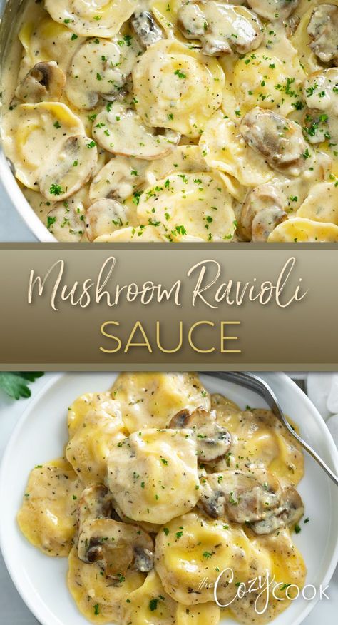 mushroom ravioli sauce smothered in ravioli Sauce For Mushroom Ravioli, Tortellini Sauce Recipes, Creamy Mushroom Ravioli, Mushroom Ravioli Sauce, White Wine Reduction, Chicken Ravioli, Ravioli Sauce, Mushroom Ravioli, Creamy Mushroom Pasta