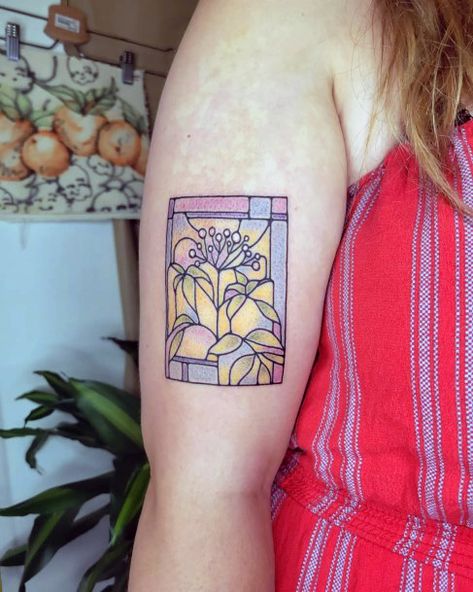 Stained Glass Flower Tattoo, Stainglass Tattoos, Stained Glass Butterfly Tattoo, Stained Glass Tattoo Ideas, Stain Glass Tattoo, Stained Glass Window Tattoo, Rectangle Tattoo, Mosaic Tattoo, Stained Glass Tattoo