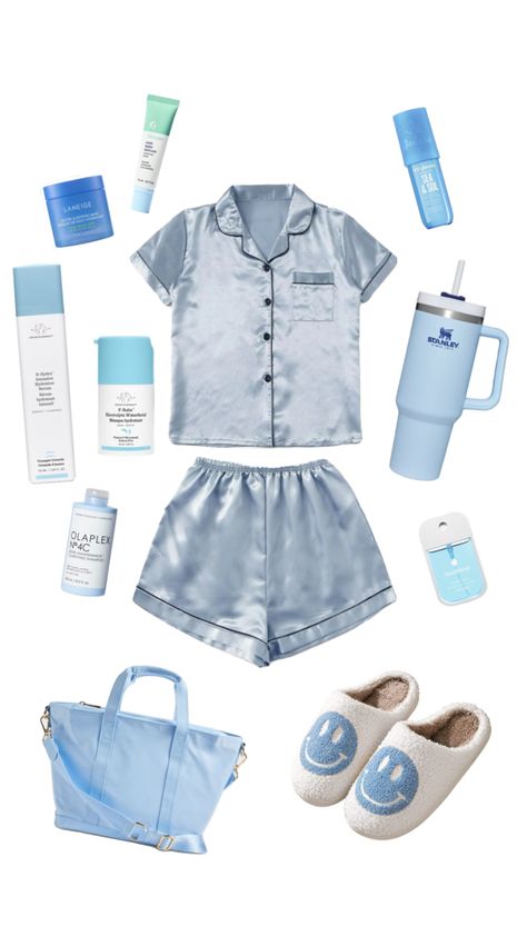 insta: @ miagalvannn #bluebabe #sleepoveressentials #blue #bluecollage #slumberparty #comfortable #blueaesthetic Blue Pjs Aesthetic, Blue Slumber Party, Blue Sleepover Party, Blue Pajamas Aesthetic, Pajama Party Grown Up, Bachelorette Slumber Parties, Blue Pjs, Sleepwear Outfits, Sleeping Beauty Wedding