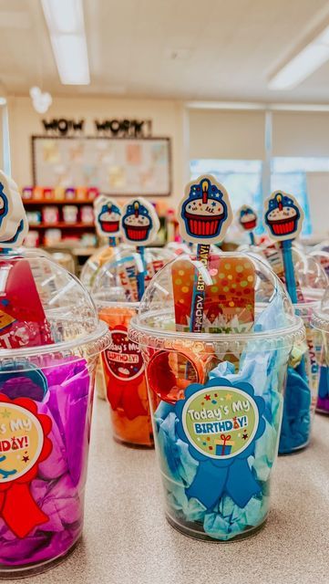 Birthday Cup For Students, Birthday Cups For Classroom, Ideas For Goodie Bags, Birthday At School Treats, Student Birthday Cups, Non Candy Birthday Favors For School, Birthday Treats For Kindergarteners, Boy Birthday Treats For School, Birthday Treat For School Classroom