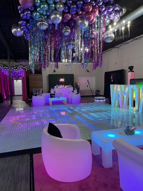 Disco Birthday Party Ideas | Photo 4 of 14 | Catch My Party Disco Aesthetic Party Decorations, Disco Birthday Decorations, Purple Disco Birthday Party, Sweet 16 Party Ideas Disco, Disco Karaoke Party, Karaoke Theme Party Ideas, 16 Birthday Party Ideas Decoration, Night Club Theme Party Ideas, Disco Birthday Ideas