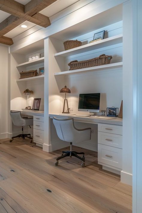 Home Office Above Garage, Office With 2 Desks And A Couch, Office Built Ins Two Desks, Built In Office For Two, Home Office 2 Desk, Built Ins With 2 Desks, Double Work From Home Office, Home Office Layout Two Desks, 2 Desk Office Ideas