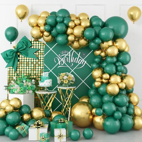 Green And Gold Balloon Arch, Forest Theme Birthday Party, Dnd Green, Spring Displays, Gold Balloon Arch, Green Balloons, Balloons Arch, Bow Garland, Blowing Up Balloons