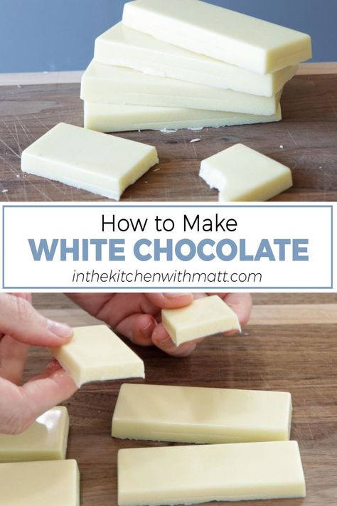 Stacks of homemade white chocolate on a wooden cutting board. Homemade Milk Chocolate, Chocolate Bar Recipe, Homemade Chocolate Bars, White Chocolate Recipes, Chocolate Candy Recipes, Candy Recipes Homemade, Homemade Candies, Candy Desserts, Fudge Recipes