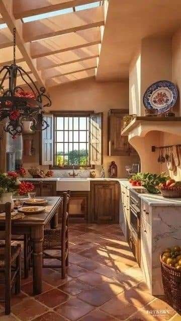 Terracota Kitchen Design, Mediterranean House Kitchen, Mediterranean Kitchen Design Rustic, Meditteranean Kitchen, Italian Villa Kitchen, Modern Mediterranean Kitchen Design, Old Italian House, Modern Mediterranean Kitchen, Mediterranean Style Kitchen