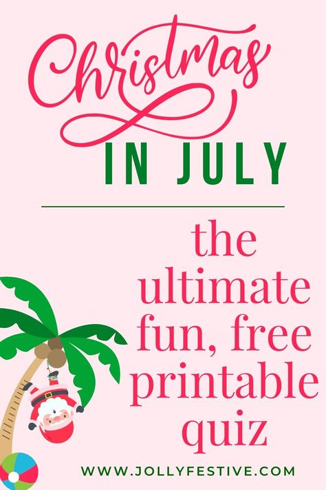 Engage in instant fun with our free Christmas in July quiz. Download and print to start testing your holiday trivia skills today. Perfect for Christmas in July parties, summer camp activities and office celebrations.  Click to read the article and access your quiz. Christmas In July Printables Free, Tropical Christmas Party Games, Christmas In July Cards Ideas, Christmas In July Invitations, Christmas In July Games, Couples Shower Gifts, Bingo Ideas, Camp Christmas, Christmas In July Party Ideas