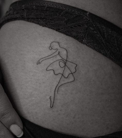 Music And Dance Tattoo Ideas, Minimalist Ballerina Tattoo, Minimal Dance Tattoo, Point Shoe Tattoo, Figure Skating Tattoo Ideas, Dancer Silhouette Tattoo, Dance Tatoos Ideas, Fine Line Dance Tattoo, Dance Inspired Tattoos