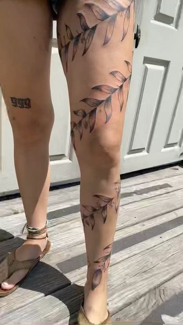 Vines Down Leg Tattoo, Vine Tattoos For Women On Leg, Vines Going Up Leg Tattoo, Vine Wrap Leg Tattoo, Leaf Vine Wrap Around Tattoo Leg, Nezuko Vine Tattoo, Thigh Vine Tattoos, Leg Vine Tattoo, Vine Leg Tattoos Women