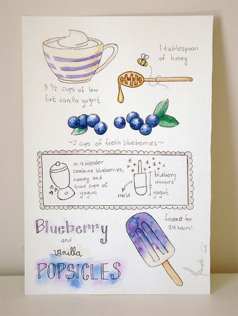 Blueberry Popsicles, Homemade Recipe Books, Recipe Book Design, Watercolor Food Illustration, Illustrated Recipe, Recipe Book Diy, Recipe Drawing, Watercolor Food, Food Illustration