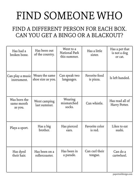 Find Someone Who Scavenger Hunt, Find A Person Who Game, Find Someone Who Game For Adults, People Bingo Printable, Find Someone Who Worksheet, Find Someone Who Icebreaker, Getting To Know You Bingo Ice Breakers, Bingo Ice Breaker Getting To Know, Find Someone Who Bingo For Adults