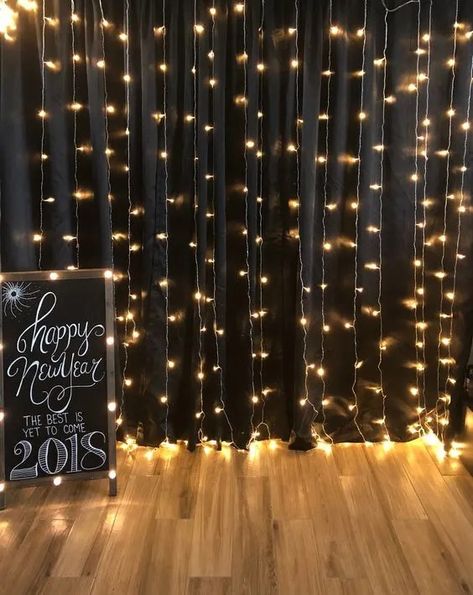 30+ Sparkly New Years Party Backdrop Ideas for 2024 - HubPages Curtain Light Photo Backdrop, Black Photo Backdrop With Lights, Black Photobooth Backdrop, Hoco Photo Backdrop Ideas, Black Backdrop With Lights, Hoco Photo Backdrop, Karaoke Backdrop, New Year’s Eve Photo Backdrop, Banquet Photo Backdrop