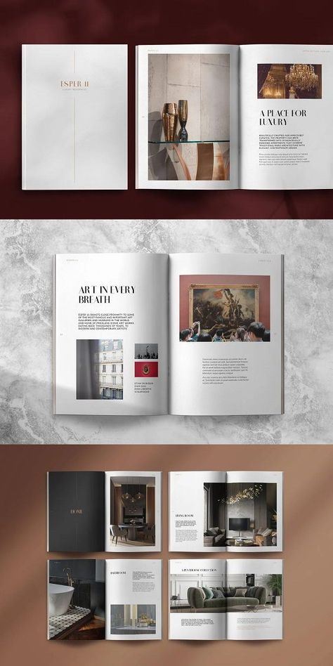 ESPER 11 is a brochure layout created in Adobe InDesign. The template contains 72 pages and designed in both A4 (297x 210mm) and US letter (8.5"x11"). The ESPER 11 template is suitable for any project purpose. Create a brochure, portfolio or magazine for new customers and potential clients using the elegant and aesthetic editable template designed by Dara Studio. Add your own content and either send it to print or save it as a PDF, #graphicdesigner #graphicdesign #Brochure Graphic Design Portfolio Aesthetic, Table Of Contents Design Magazine, Catalog Page Design, Brochure Aesthetic, Luxury Brochure Design, Brochure Layout Template, Elegant Brochure, Table Of Contents Design, Elegant Layout