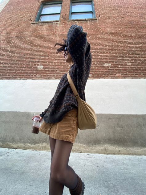 Fit inspo, ootd, fit pic, grandpa sweater, fuzzy sweater, brown sweater, uniqlo crescent bag, uniqlo side bag, uniqlo crescent tan bag, corduroy mini skirt, mini skirt, corduroy skirt, black tights, docs, brown leg warmers, sunglasses, iced latte, aesthetic, cute, vintage, thrift Brown Cord Skirt, Beige Corduroy Skirt Outfit, Brown Cord Skirt Outfit, Uniqlo Corduroy Bag, How To Style Corduroy Skirt, Cord Skirt Outfit Winter, Brown Courdory Skirt Outfit, Uniqlo Crescent Bag, Outfits With Brown Skirt