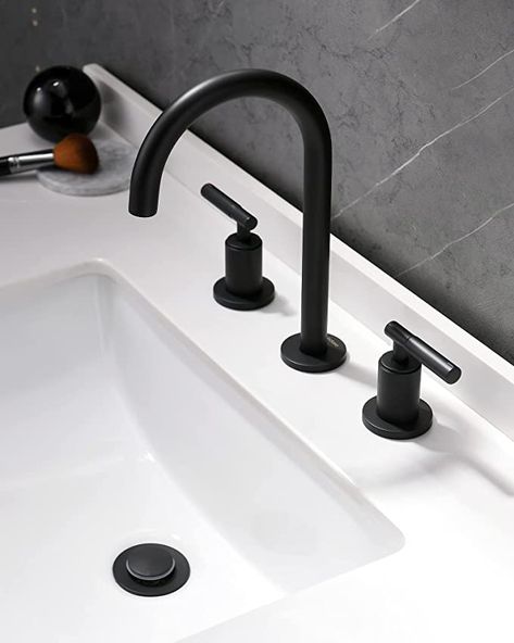 Matte Black Bathroom Faucet, Indare 360° Swivel Spout Two Handles Widespread 4 Inch 8Inch Brass Bathroom Sink Faucet 3 Hole with Pop-Up Drain and Water Supply Lines, Upgraded Style - - Amazon.com Brass Bathroom Sink, Matte Black Bathroom Faucet, Black Bathroom Faucet, Matte Black Bathroom, Brass Bathroom, Black Bathroom, Bathroom Faucet, Water Supply, Bathroom Sink