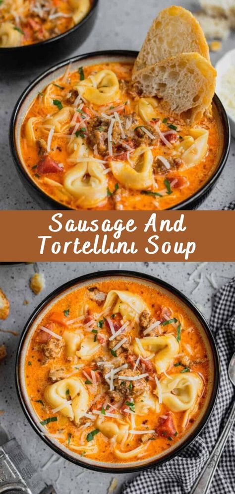 Sausage and Tortellini Soup Recipe - Cheff Recipes Italian Sausage And Cheese Tortellini Soup, Sausage Tomato Tortellini Soup, Easy Ground Italian Sausage Recipes Tortellini Soup, Italian Sausage Cheese Tortellini, Soup Recipes Sausage Tortellini, Italian Meatball Tortellini Soup, Chorizo Tortellini Soup, Heart Soup Recipes, Sausage And Cheese Tortellini Soup