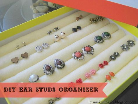 DIY Ear Studs Organizer—Made for less than $2.50!   |   Blog Post: "DIY Ear Studs Organizer Under $2.5 !" on May 31, 2014 by Roopini from Let's Make It Lovely Stud Earring Organization, Ear Rings Organizer Diy, Ear Ring Storage Diy, How To Organize Stud Earrings, Earring Holder Studs, Earring Organizer Ideas, Diy Earring Holder For Studs, Earring Organizer Diy, Stud Organizer