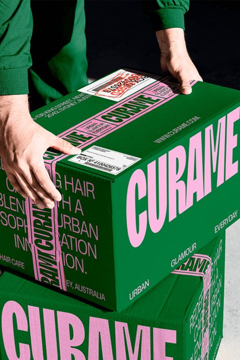 Discover how Curame’s hair care brand transforms with bold, urban-inspired packaging design by Yuliia Hrabynska. The striking green and pink color palette, combined with oversized typography, creates a statement that's both modern and sophisticated. Perfectly capturing the essence of contemporary hair care, this design is a true standout. 🌟 - Fivestar Branding Agency Is A Design and Branding Agency. This Work Belongs to The Accredited Artist and Is Curated For Inspiration Only #PackagingDesign Mailing Box Design, Playful Packaging Design, Package Box Design, Box Design Ideas, Green Branding, Visuell Identitet, Typography Packaging, Pink Color Palette, Logo Youtube