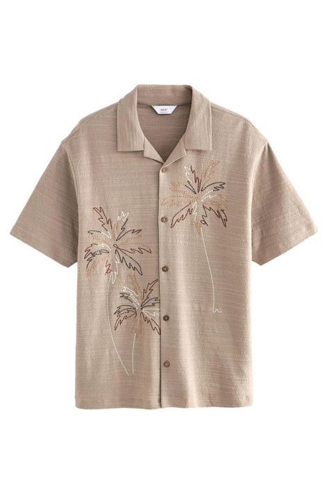 Buy Neutral Palm Tree Embroidery Textured Jersey Short Sleeve Shirt from the Next UK online shop Embroidery Shirt Men, Palm Tree Embroidery, Tree Embroidery, Embroidery Tshirt, Chunky Knitwear, Shirt Embroidery, Swimwear Shorts, Denim Coat Jacket, Men Shirt Style