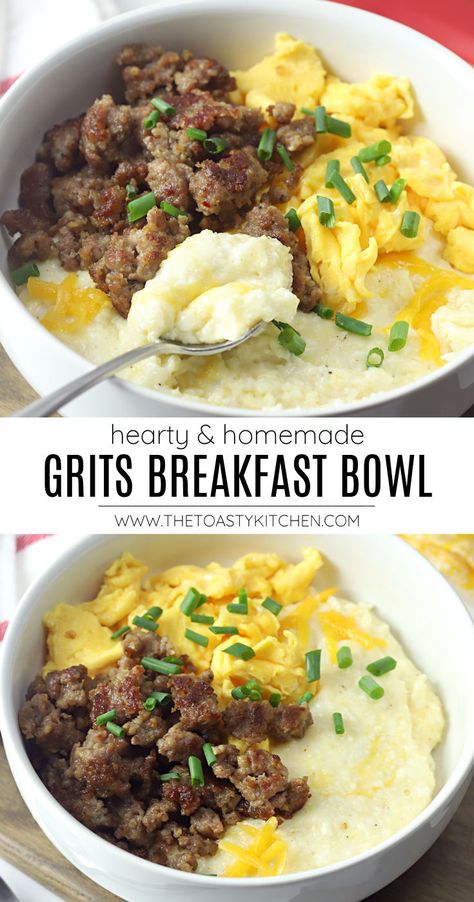 Grits Breakfast Bowl recipe - by The Toasty Kitchen Make a hearty grits breakfast bowl to fill you up and start your day right. Creamy, cheesy grits are topped with crumbled sausage and scrambled eggs. The perfect comfort food breakfast! #grits #breakfast #breakfastbowl #homemade #hearty #filling #cheesygrits Sausage Recipes Breakfast, Creamy Cheesy Grits, Grits Breakfast, Breakfast Bowls Recipe, Breakfast Sausage Recipes, Cheesy Grits, Grits Recipe, Weekend Breakfast, Breakfast Bowl