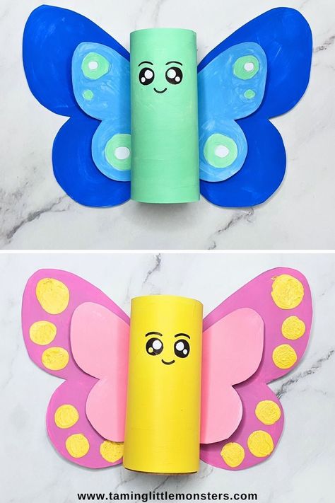 Free Butterfly Toilet Paper Roll Craft Template for Kids.    Grab yoru copy of this free printale template and make cute cardboard tube butterflies with your kids.    This easy craft project os perfect for Spring or if you're learning about the butterfly life cycle.    #spring #artsandcrafts #preschool #kindergarten Easy Paper Craft For Preschoolers, Construction Paper Butterflies, Paper Towel Roll Crafts For Kids, Toilet Paper Roll Crafts For Kids, Quick And Easy Crafts For Kids, Butterfly Crafts For Kids, Butterfly Crafts Preschool, Butterfly Art And Craft, Cardboard Tube Crafts