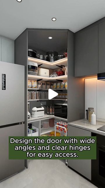 3 Concepts Pte Ltd. 🇸🇬 on Instagram: "🔪 YOU'VE BEEN CHOPPING VEGETABLES ON YOUR LAP LONG ENOUGH! 🍳

Is your kitchen so cramped you can barely flip an egg without elbowing the toaster? Time to turn that culinary claustrophobia into a chef's paradise! 🏆

Picture this: Diamond-shaped cabinets that make your corners work overtime. 💎 No more excavating through a kitchenware jungle – everything has its perfect perch. Your rarely-used fondue set? Tucked away up top. That fancy olive oil? Right at eye level, baby!

But we're just getting started! 🚀 Imagine a countertop that wraps around the corner like a hug, complete with sneaky power outlets. It's the VIP lounge for your air fryer and that bread maker you swear you'll use... someday.

Down below? Cabinet Tetris champions! 🏆 We're talking Kitchens With Angled Walls, Small Kitchen Ideas L Shaped, Corner Countertop Ideas, Kitchen Overhead Cabinets, Kitchen Without Top Cabinets, Corner Cabinets Kitchen, Glass Corner Cabinet, Corner Kitchen Layout, Corner Kitchen Cabinets