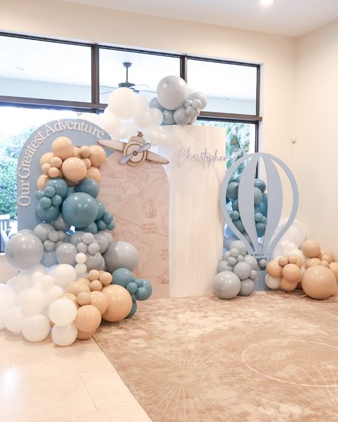 Our Greatest Adventure Baby Shower 🌎✈️🧳 Event Design and Styling + Florals by my client @brittanienglert Backdrop + Balloons + Sweet Cart + Backdrop Design @janettloveshop Dessert @sugarcoatit.bakery.llc #babyshower #ourgreatestadventure #ourgreatestadventurebabyshower #airplane #travelbabyshower #traveltheme #babyshowerbackdrop #adventureawaits Airplane Backdrop Ideas, Event Wall Decor Backdrops, We’re On Cloud Nine Baby Shower Theme, Oh The Places Youll Go Baby Shower Theme, Our Next Adventure Baby Shower Theme, Adventure Awaits Baby Shower Cake, It’s A Boy Baby Shower Ideas, The Adventure Begins Baby Shower Theme, Cool Baby Shower Themes