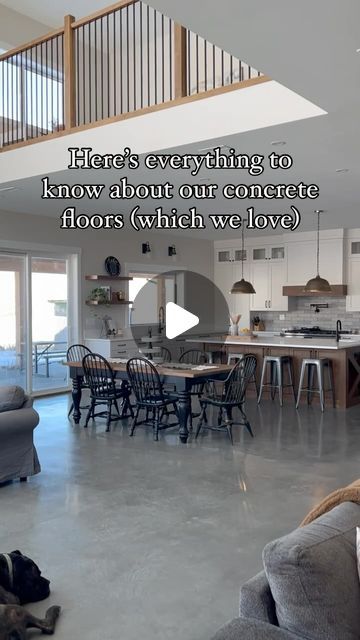 Cole & Morgan on Instagram: "Our concrete floors in our Barndominium get so many questions!!   There and many different ways to go about concrete floors with different stains, color, texture , polish etc. here is what we did to achieve the beautiful floors we have in our Barndo🏡🌾   Sooo would you put concrete floors in your home/Barndo!?   #barndominium #barndominiumhome #barndominiumliving #concretefloors #radiantheat #dreamhome #rustichome #shophouse #shouse #barndo #homeideas #countryhome #polishedconcrete" House Interior Concrete Floor, Barndominium Kitchen Concrete Floors, Stained Concrete Living Room, Kitchen Ideas Concrete Floor, Concrete Floor Kitchen Ideas, Cement Epoxy Floor, Indoor Concrete Floor Ideas Living Room, Kitchen Ideas With Concrete Floors, Stamped Concrete Indoors