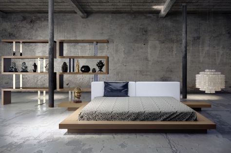 In an open, industrial-style loft, a beautiful bed is key. This simple wooden platform and matching shelving unit are the perfect solution. Low Rise Bed, Bedroom With Sitting Area, Minimalist Bedroom Decor, Modern Minimalist Bedroom, Casa Country, Minimalist Bedroom Design, Floor Bed, Luxury Loft, Simple Bedroom