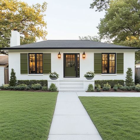 Single Story Home Exterior Paint, White House With Dark Green Trim, Painted Brick Bottom Of House Exterior, French Ranch House Exterior, Bungalow Ranch House, Dark Gray Shutters White House, Aluminum House Exterior, White House Exterior Ranch, Straight Ranch House Curb Appeal