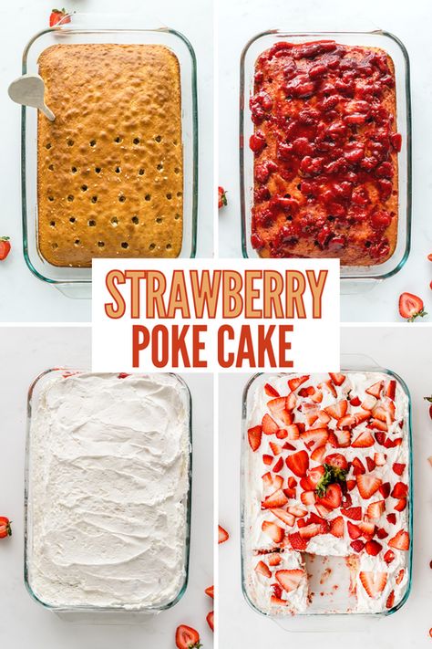 Fun Vanilla Cake Ideas, Strawberry Dirt Cake, Strawberry And Cool Whip Dessert, Vanilla Cake With Fruit Topping, Yellow Poke Cake Recipes Condensed Milk, Strawberry Banana Poke Cake, Strawberry Poke Cake With Pudding, Strawberry Cake With Cool Whip, Fresh Strawberry Desserts Easy