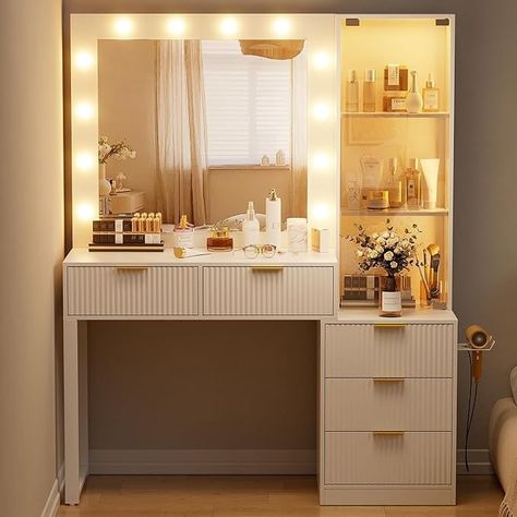 Vanity desk with 3 Adjustable Light Model: long press to control brightness, tap to switch modes, equipped with 12 pcs bulb and a large mirror(size: 24''*25.2"), , which can be illuminated day or night, provide you with soft light, switch modes according… Makeup Vanity With Mirror, Vanity Long Mirror, Lighted Makeup Vanity, Dorm Room Vanity Desk, Brown Vanity Bedroom, Bedroom Vanities, Vanity Desks, Bedroom With Vanity Ideas, Desk Vanity Ideas