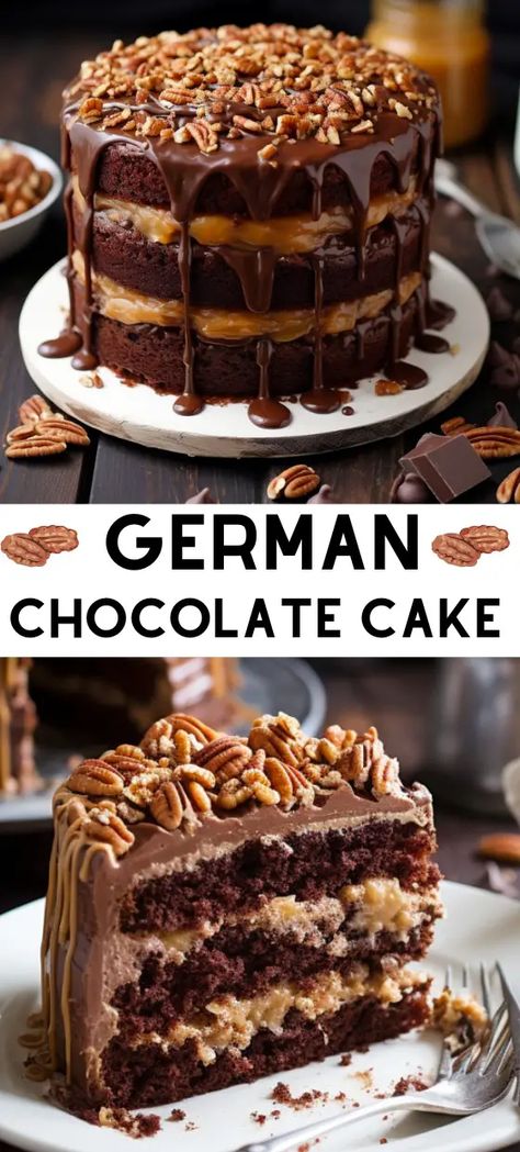 The classic dessert, German Chocolate Cake, is an adored sweet treat with a luscious and luxurious flavor profile that is favored by many. German Chocolate Cake Recipe, German Desserts, German Baking, Chocolate Layer Cake, German Chocolate Cake, German Chocolate, Just Cakes, Specialty Cakes, Pound Cake Recipes